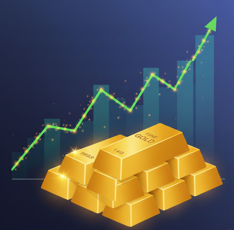 Harga Emas Diprediksi Tembus US$5.000 per Troy Ons pada 2026, Mayoritas Investor Ritel Sangat Optimistis 2 Gold bars with rising graph background
